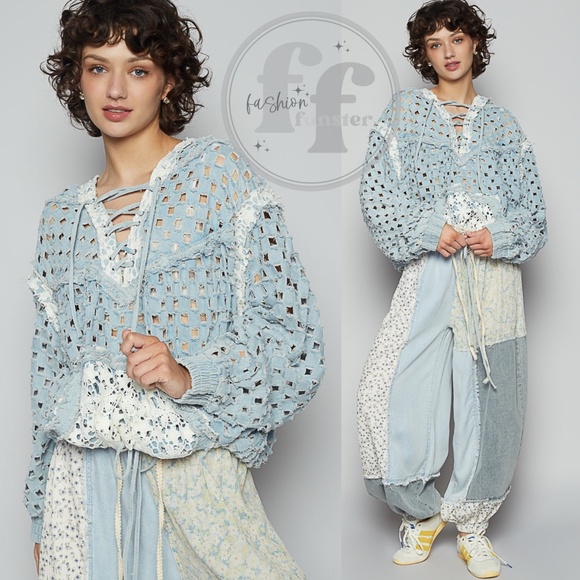 POL Laser Cut Denim Lace Hoodie Openwork Denim Crochet Lace Up Hoodie Top - Picture 3 of 4